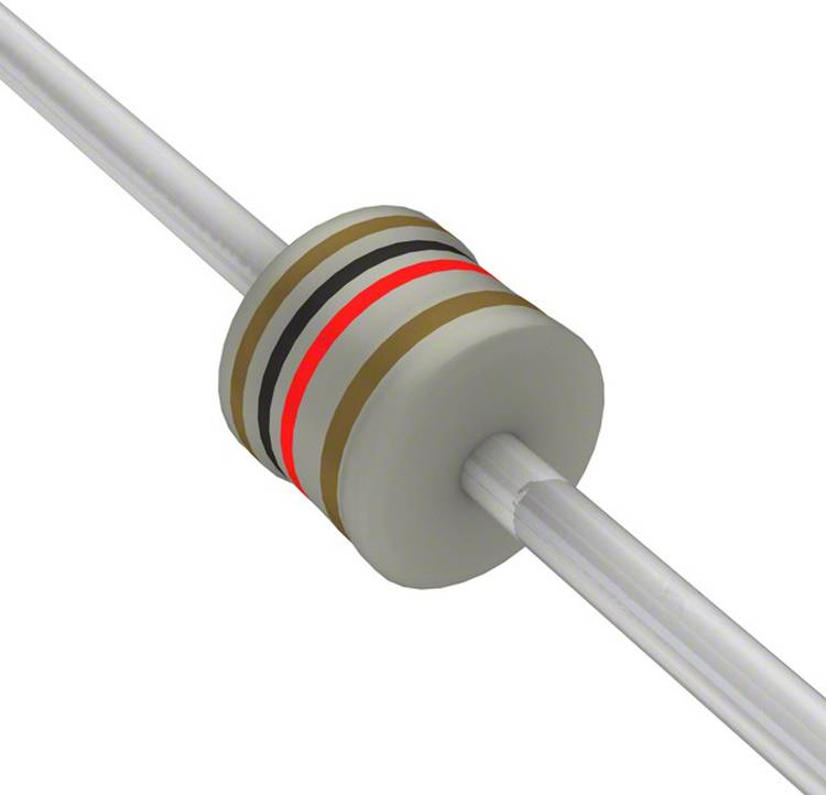 Vierbandiger Widerstand mit farbigen Streifen: braun, schwarz, rot und gold, was einen Widerstand von 1 kOhm mit einer Toleranz von 5% anzeigt.