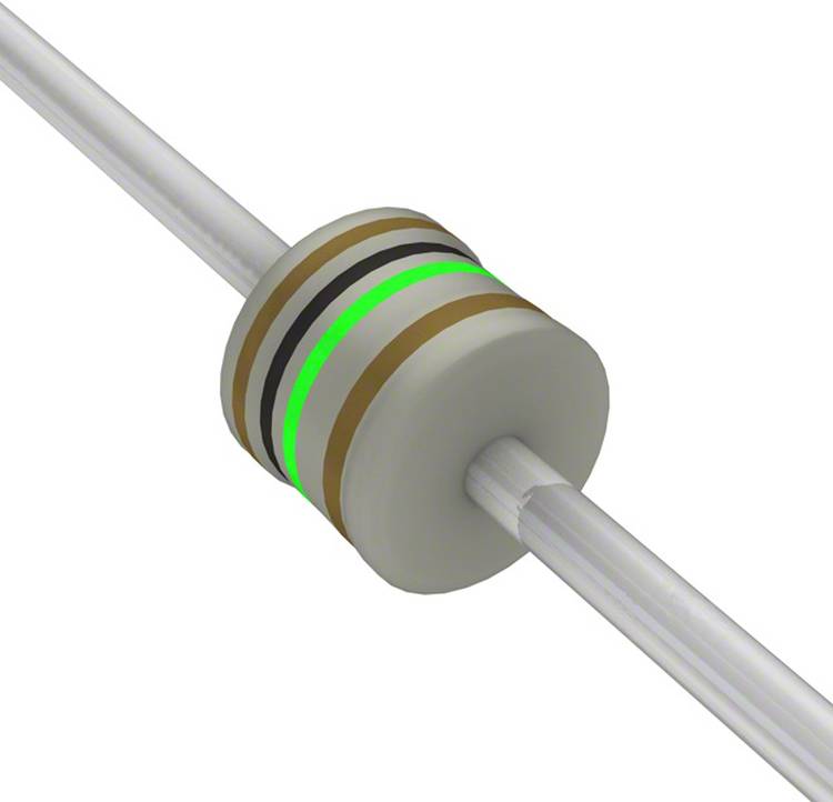 Ein Widerstand mit farbigen Ringen: rot, schwarz, grün, braun, die seinen Widerstandswert angeben. Komponente für elektrische Schaltkreise.