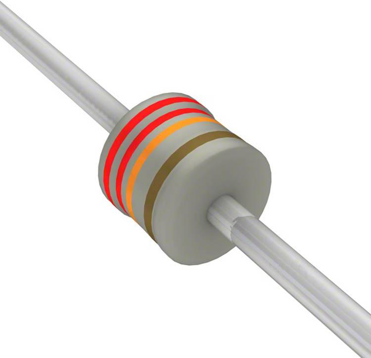 Ein Widerstand mit rot, rot, orange und gold Farbringen, die den Widerstandswert und die Toleranz angeben, die in elektronischen Schaltungen verwendet werden.