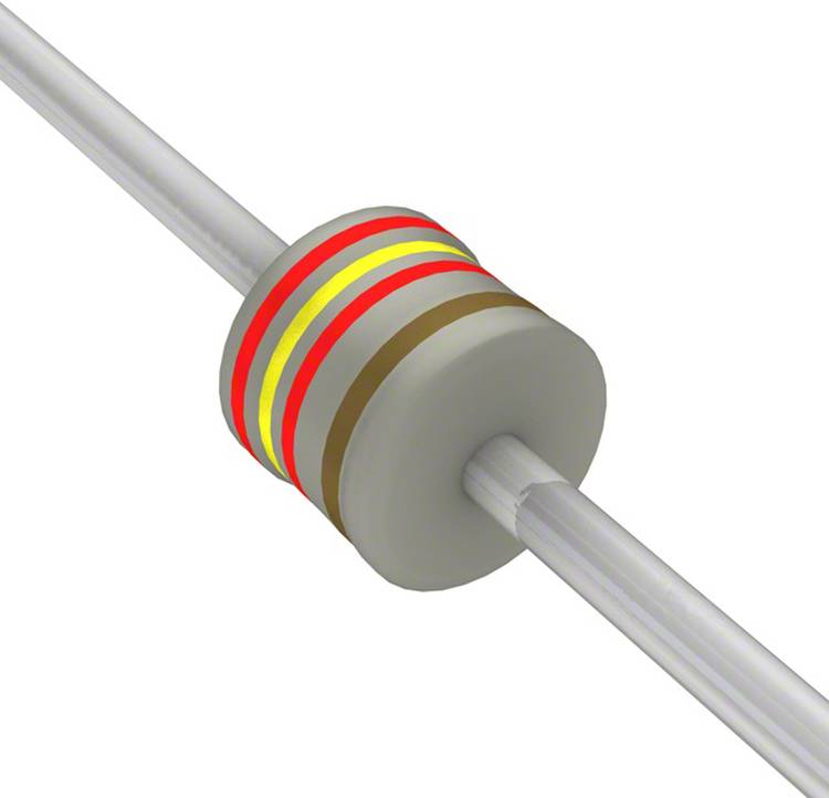 Nahaufnahme eines zylindrischen Widerstands mit farbigen Ringen: gelb, rot, braun und gold, die seine Widerstands- und Toleranzwerte anzeigen.