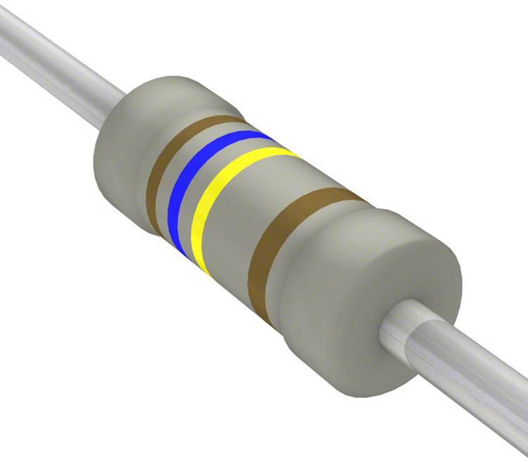 Ein Widerstand mit vier farbigen Bändern: Braun, Blau, Gelb und Braun, die seinen Widerstandswert, die Toleranz und die Funktion anzeigen.