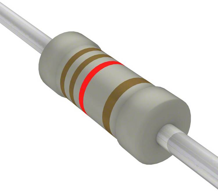 Ein Widerstand mit Farbbändern: braun, rot und gold. Wird in elektrischen Schaltkreisen verwendet, um den Strom zu begrenzen.