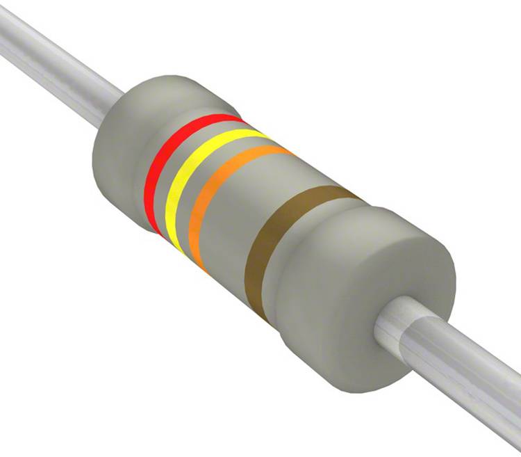 Ein zylindrischer Widerstand mit Farbringen: rot, orange, gelb und braun. Diese Ringe geben den Widerstandswert und die Toleranz des Widerstands an.