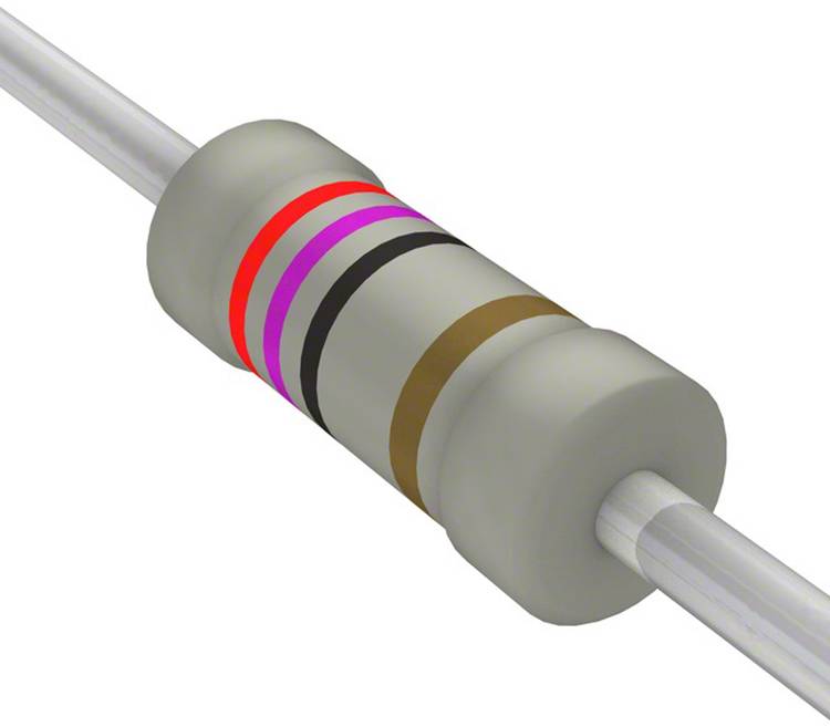 Ein zylindrischer elektrischer Widerstand mit Farbringen: rot, rosa, schwarz, braun, die seinen Widerstandswert und die Toleranz anzeigen.