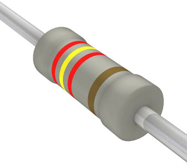 Ein grauer Widerstand mit farbigen Ringen: rot, rot, gelb, braun. Wird in elektronischen Schaltungen verwendet, um den Strom zu begrenzen oder zu regeln.