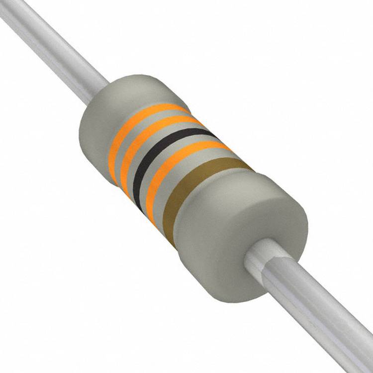 Ein zylindrischer Widerstand mit farbigen Bändern: Orange, Orange, Schwarz, Gold und Braun. Diese geben die Widerstands- und Toleranzwerte an.