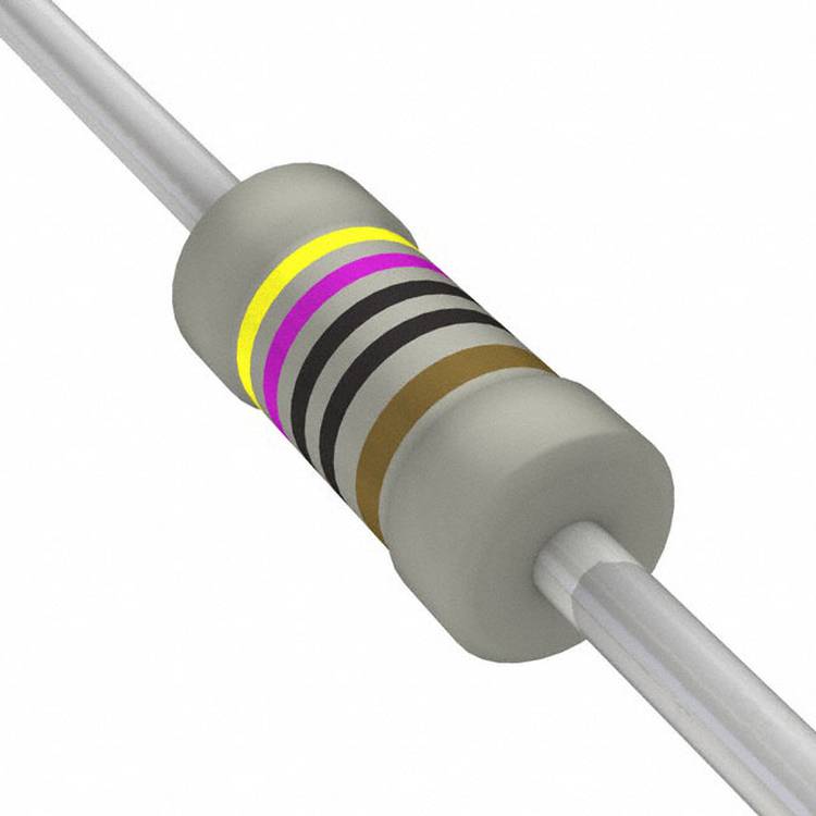 Ein Widerstand mit fünf Farbringen: gelb, violett, schwarz, schwarz, braun, der einen Widerstandswert von 47 Ohm mit einer Toleranz von 1% darstellt.