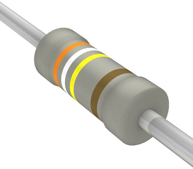 Ein zylindrischer Widerstand mit Farbringen: Orange, Weiß, Gelb, Braun. Diese Ringe geben den Widerstandswert und die Toleranz des Widerstands an.