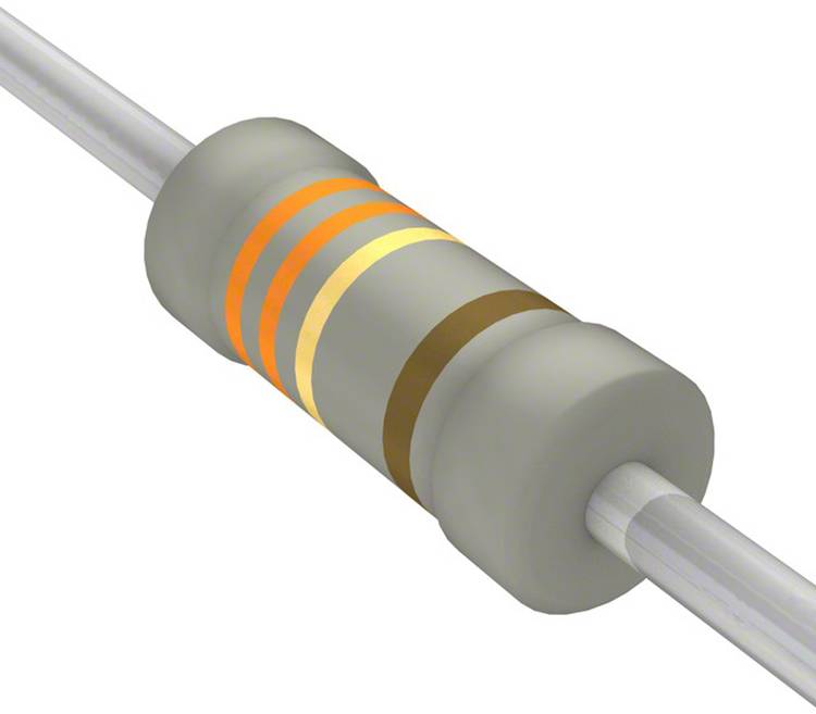 Ein zylindrischer Widerstand mit vier Farbringen: Gold, Orange, Orange und Braun, die Widerstands- und Toleranzwerte angeben.