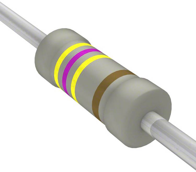 Ein zylindrischer Widerstand mit gelben, violetten, braunen und goldenen Ringen, der einen Widerstandswert von 470 Ohm mit einer Toleranz von 5% anzeigt.