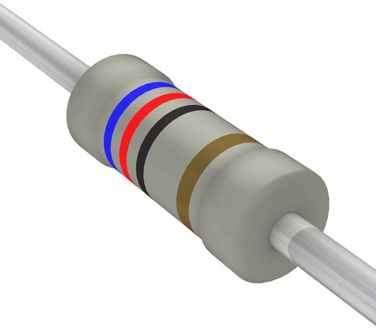 Ein zylindrischer Widerstand mit farbigen Bändern: rot, rot, schwarz, braun und gold. Die Bänder zeigen den elektrischen Widerstandswert des Widerstands an.