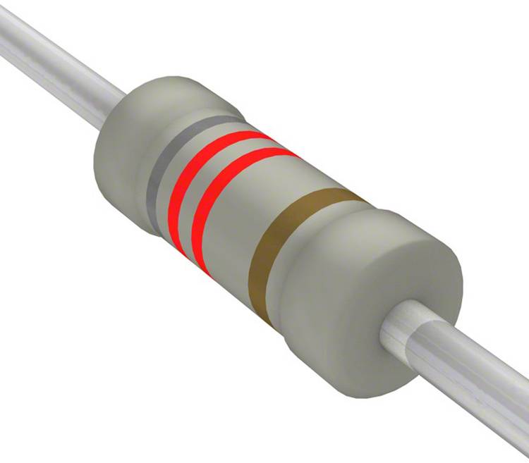 Ein Widerstand mit roten, roten und braunen Bändern auf grauem Körper, was einen Widerstandswert von 220 Ohm anzeigt.