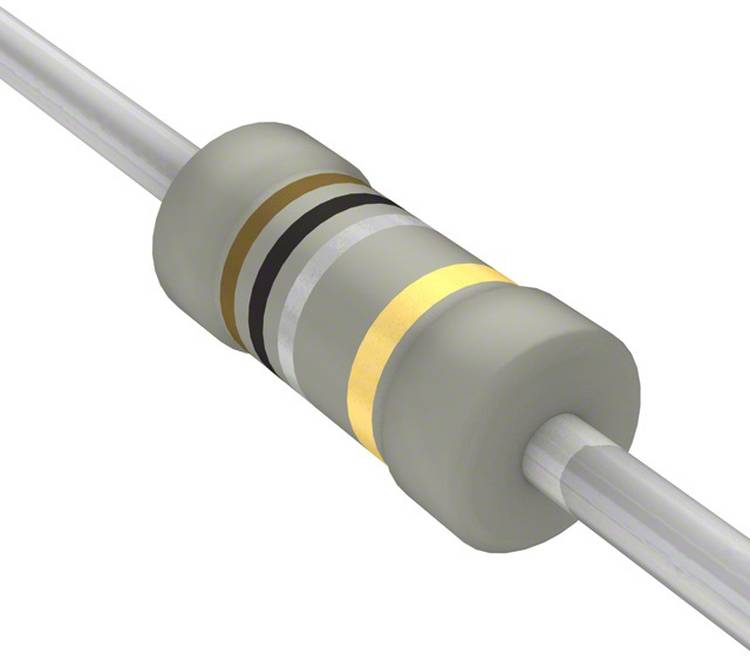 Ein Widerstand mit Farbringen: braun, schwarz, gelb, gold, der einen Widerstandswert angibt, der in elektronischen Schaltkreisen verwendet wird.