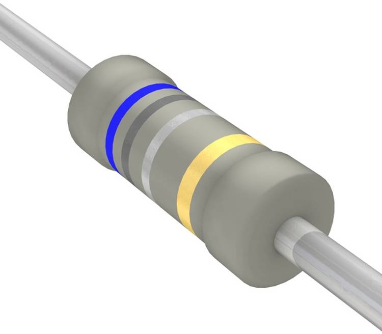Ein zylindrischer Widerstand mit Farbringen: Blau, Grau, Silber und Gold, die seinen Widerstandswert und die Toleranz anzeigen.