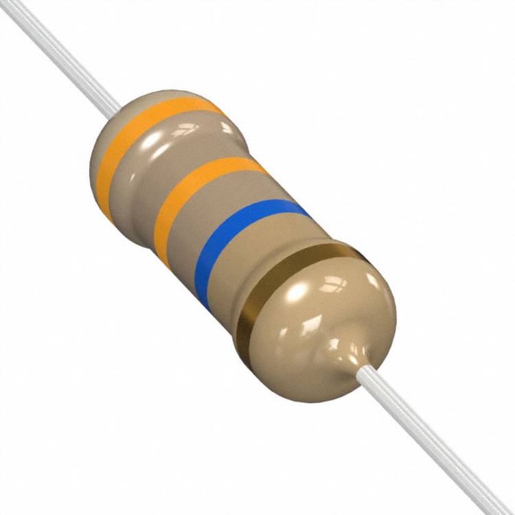 Ein Widerstand mit vier Farbringen: Orange, Orange, Blau und Gold, die Widerstands- und Toleranzwerte für elektronische Schaltungen anzeigen.