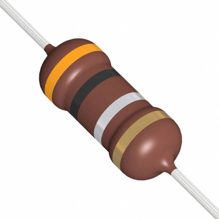 Ein zylindrischer Widerstand mit Farbringen: Orange, Schwarz, Rot und Gold, die den elektrischen Widerstandswert und die Toleranz darstellen.