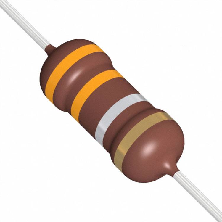 Ein brauner zylindrischer Widerstand mit farbigen Ringen, die den Widerstandswert auf weißem Hintergrund anzeigen.