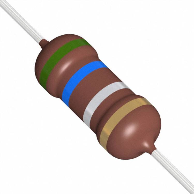 Ein zylindrischer Widerstand mit Farbringen: Grün, Blau, Grau und Gold, die seinen Widerstandswert und Toleranzbereich anzeigen.