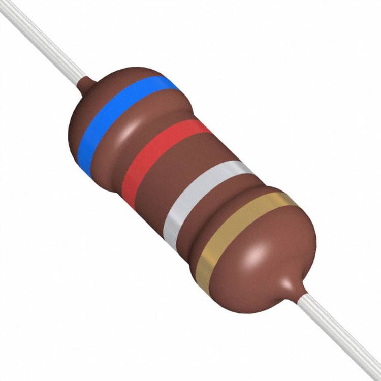 Eine Nahaufnahme eines Widerstandss mit vier Farbringen: braun, rot, blau und gold, die seinen Widerstandswert und die Toleranz anzeigen.