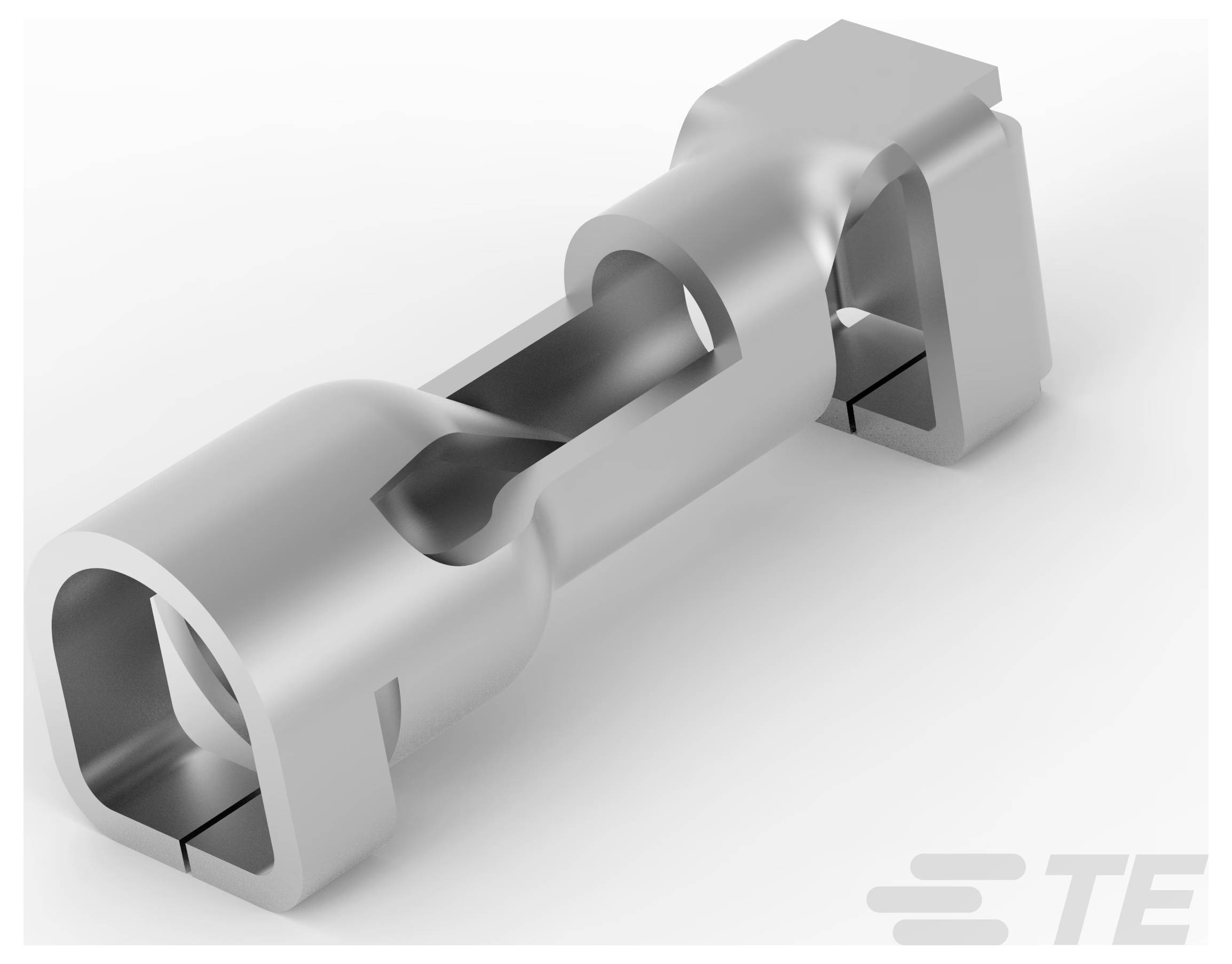 Eine metallische Steckverbinderkomponente mit einer röhrenförmigen Struktur und gekrümmten Nuten, mit dem TE-Logo in der unteren rechten Ecke.