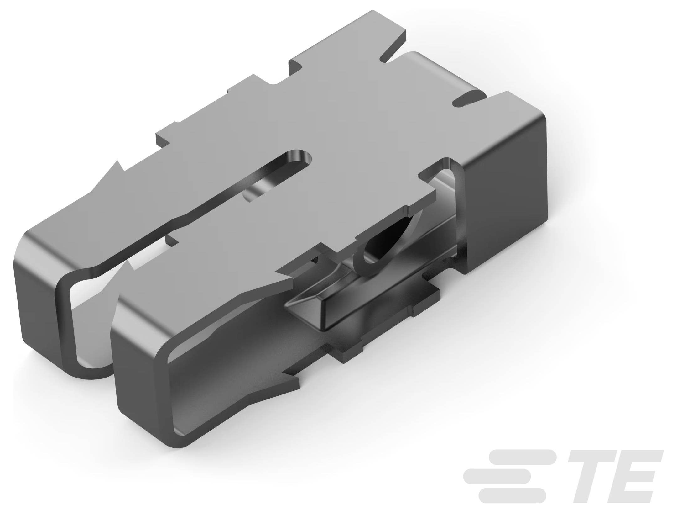 Ein metallischer elektrischer Stecker mit zwei zylindrischen Öffnungen und einem gegabelten Ende wird vor einem weißen Hintergrund gezeigt.