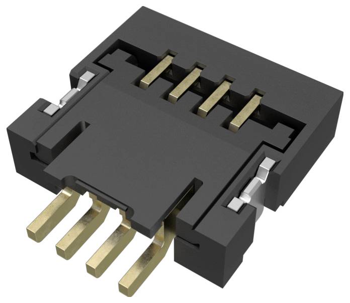 Ein schwarzer und goldener elektrischer Stecker mit mehreren Stiften, entwickelt für elektronische Leiterplatten, von oben vorne gezeigt.