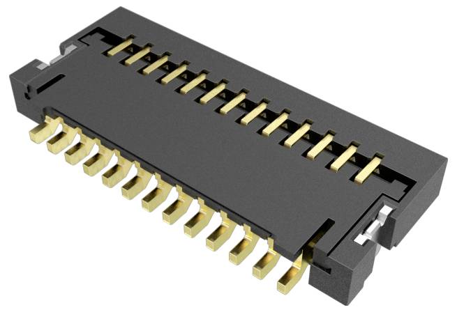 Ein schwarzer rechteckiger elektronischer Stecker mit mehreren Goldstiften in zwei Reihen angeordnet.