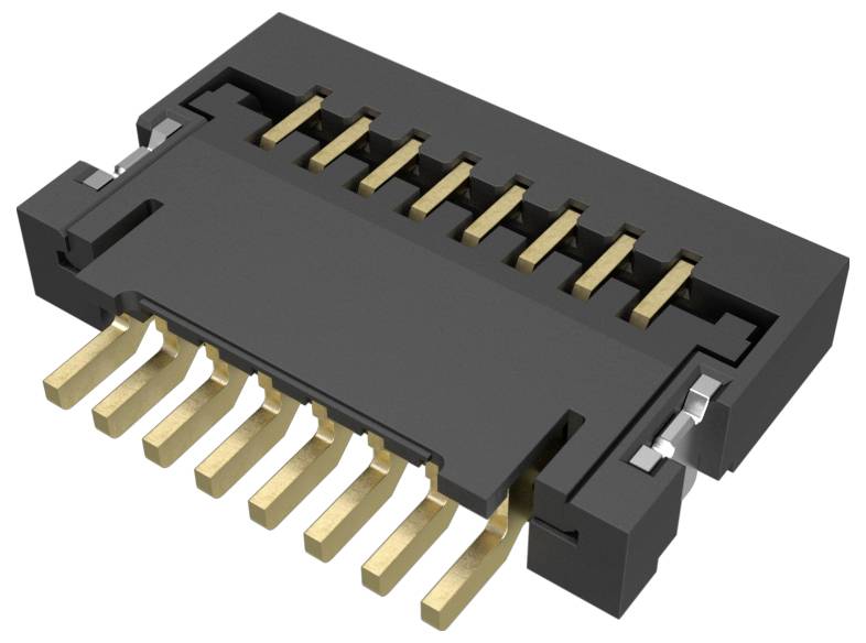Ein schwarzer und goldener Elektrostecker mit mehreren Stiften, die in zwei Reihen angeordnet sind und zum Verbinden von Leiterplatten in elektronischen Geräten verwendet werden.