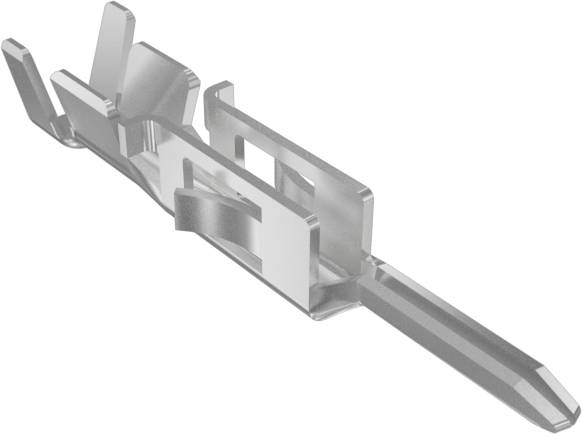 Ein metallischer Verbindungsstecker mit rechteckigem, geschlitztem Körper und spitzer Spitze, verwendet für elektrische Verbindungen.