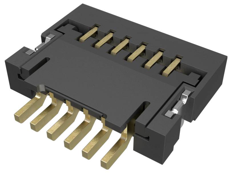 Ein schwarzer elektronischer Stecker mit sechs sichtbaren Goldkontakten an der Unterseite, der typischerweise für Leiterplattenverbindungen in elektronischen Geräten verwendet wird.