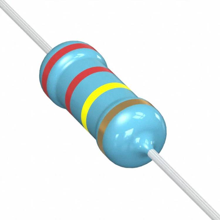 Elektrischer Widerstand mit blauem Gehäuse; rote, rote, gelbe und goldene Bänder, die den Widerstandswert und die Toleranz anzeigen.