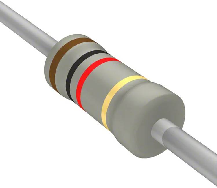 Ein Widerstand mit Farbringen: braun, schwarz, rot und gold, die Widerstands- und Toleranzwerte für elektronische Schaltungen angeben.