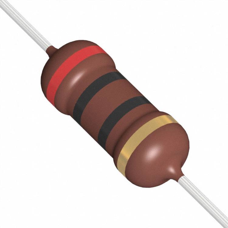 Ein Nahaufnahmebild eines braunen elektrischen Widerstands mit vier farbigen Bändern: rot, schwarz, braun und gold, die den Widerstandswert anzeigen.
