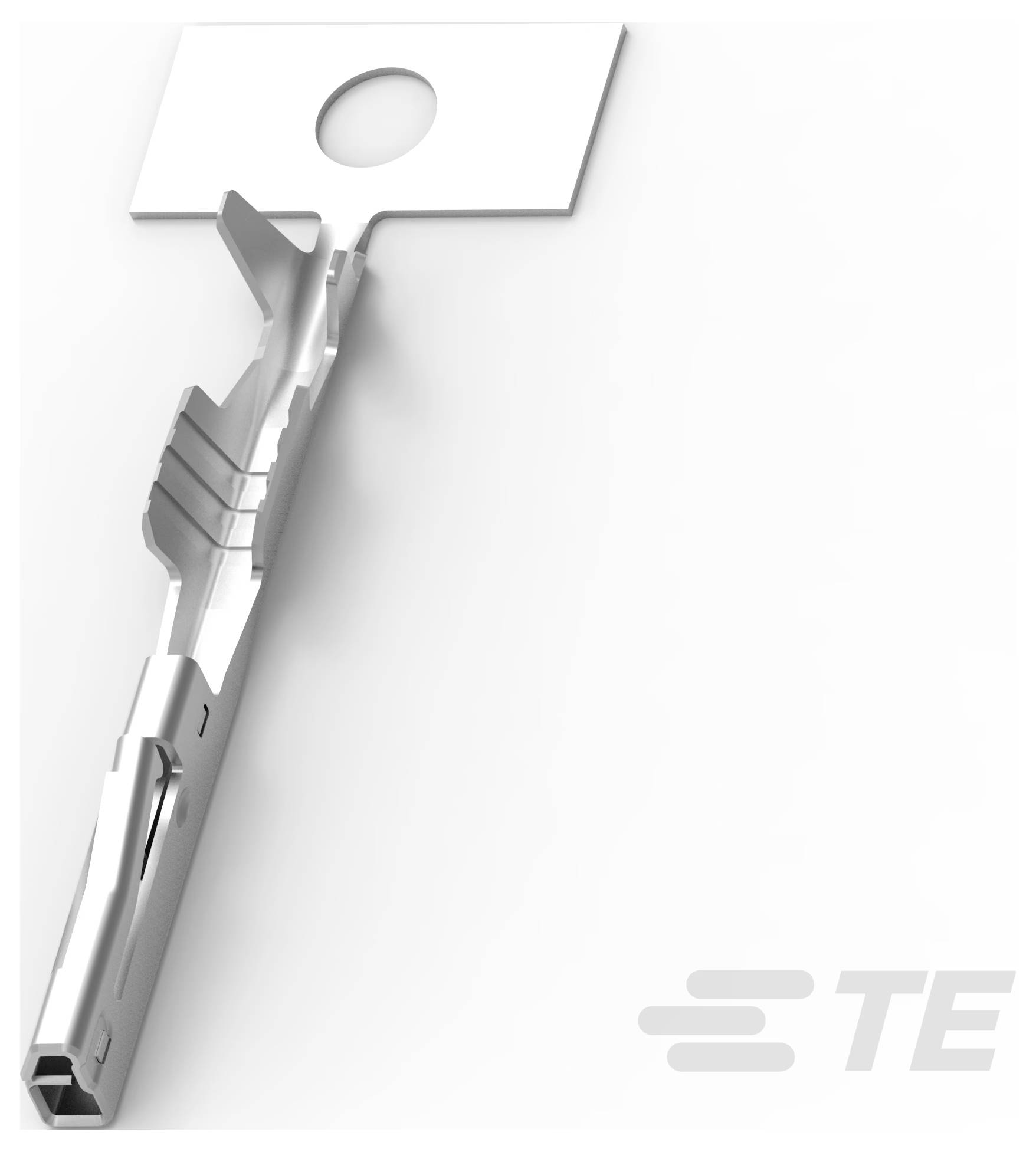 Ein metallischer elektrischer Steckerterminal mit einer flachen Lasche mit Loch, konzipiert zum Befestigen von Kabeln in elektronischen Baugruppen.