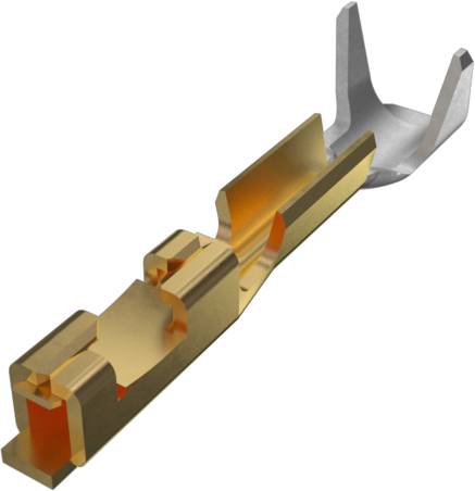 Eine 3D-Darstellung eines Metallendkontaktes mit einem vergoldeten Bereich und präzisem geometrischem Design für elektrische Konnektivität.