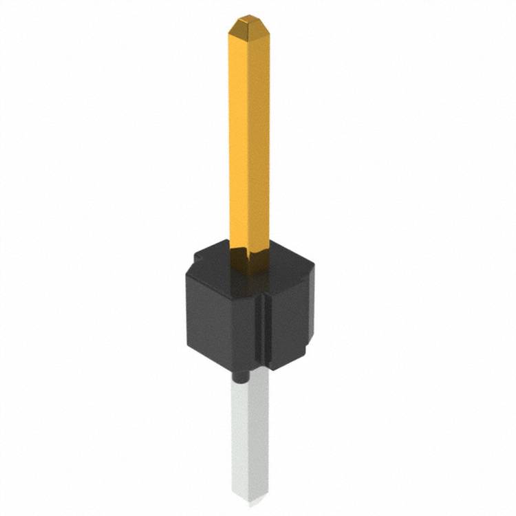 Ein 3D-Modell eines hohen, sechseckigen, orangefarbenen Prismas, das in eine schwarze Basis eingefügt ist, mit einer hervorstehenden weißen Stange am unteren Ende.