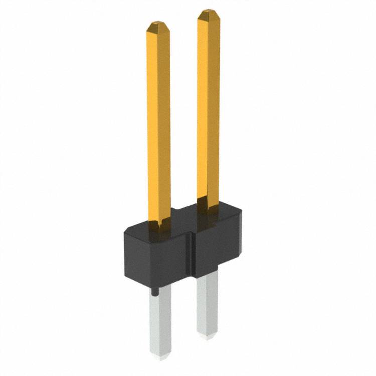 3D-Modell eines 2-poligen Stecker-Stiftleiste mit orangefarbenen Kontakten und schwarzer Basis, wird in der Elektronik für Schaltplatinenverbindungen verwendet.