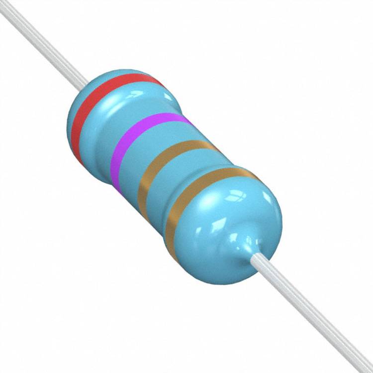 Blauer Widerstand mit gelben, roten und anderen farbigen Ringen zur Angabe des Widerstandswerts, verwendet in elektronischen Schaltkreisen.