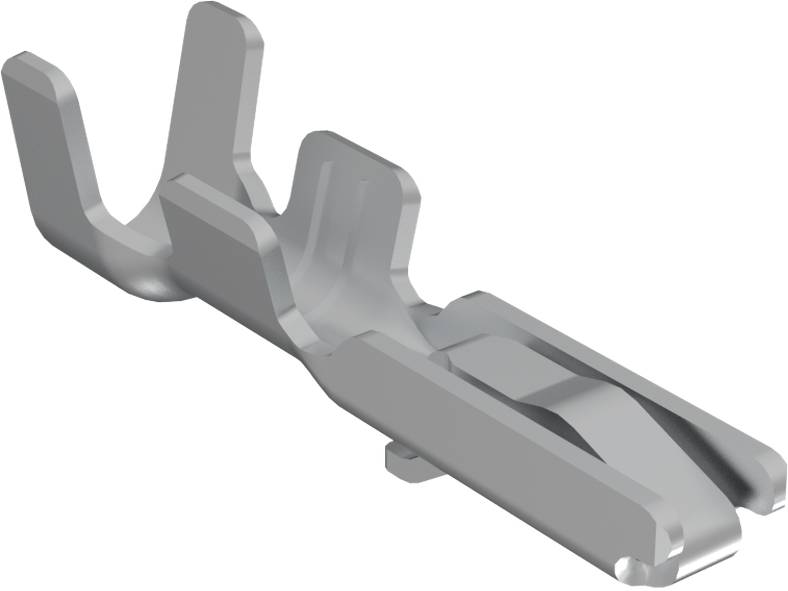 3D-Rendering eines metallischen Anschlussverbinders mit Schlitzen zum Einführen von Drähten, der in elektrischen Anwendungen für sichere Verbindungen verwendet wird.