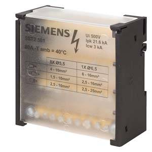 'Siemens SST2 501' Überspannungsschutzgerät, Ui 500V, Ipk 21.6kA, Icw 3kA, 80A-T, Umgebungstemperatur bis 40°C, mit Maßangaben für Kabel.