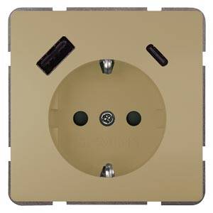 Steckdose mit integriertem USB-A und USB-C Anschluss in beige.