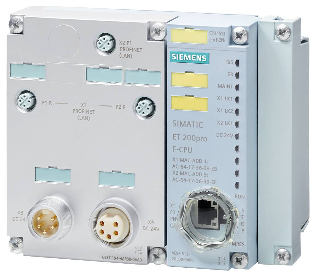 Eine Siemens SIMATIC ET 200pro F-CPU für industrielle Automatisierung zeigt Anschlüsse und Statusanzeigen für Profinet und DC-Spannung.