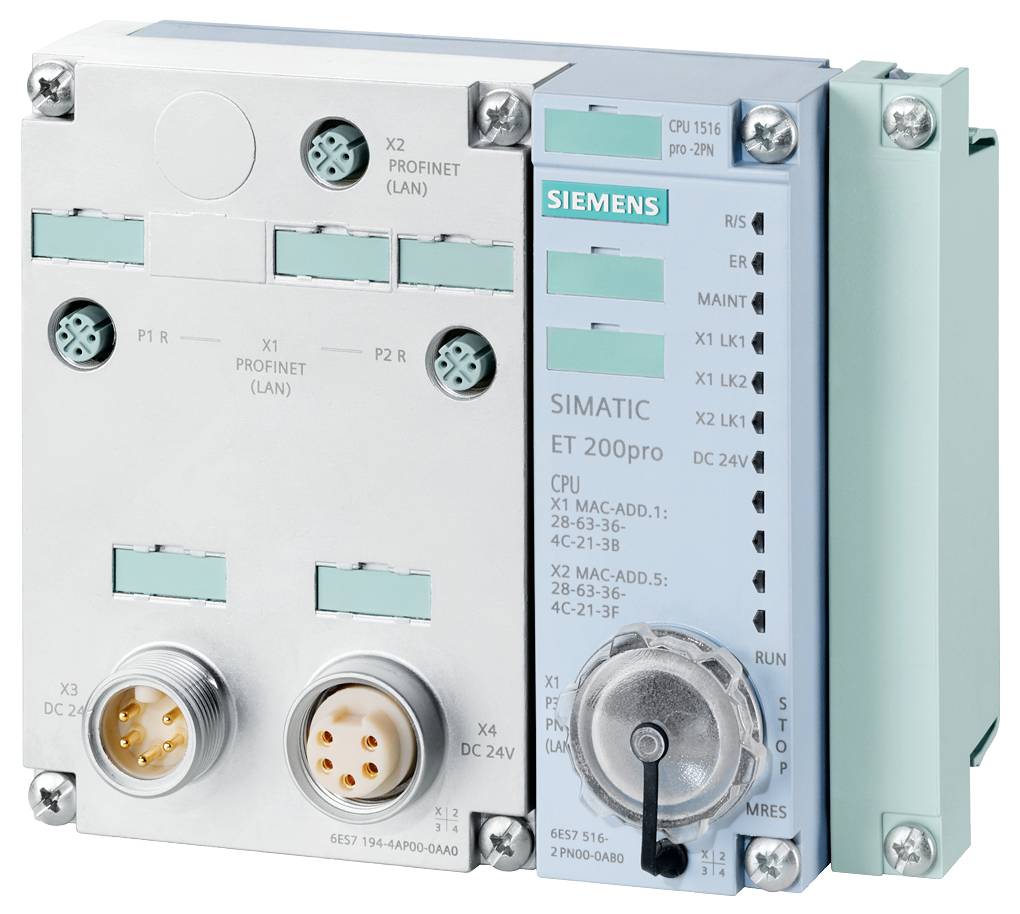 Industrieautomatisierungsmodul von Siemens, Modell Simatic ET 200pro, mit Anschlüssen für Profinet und DC 24V Stromversorgung.