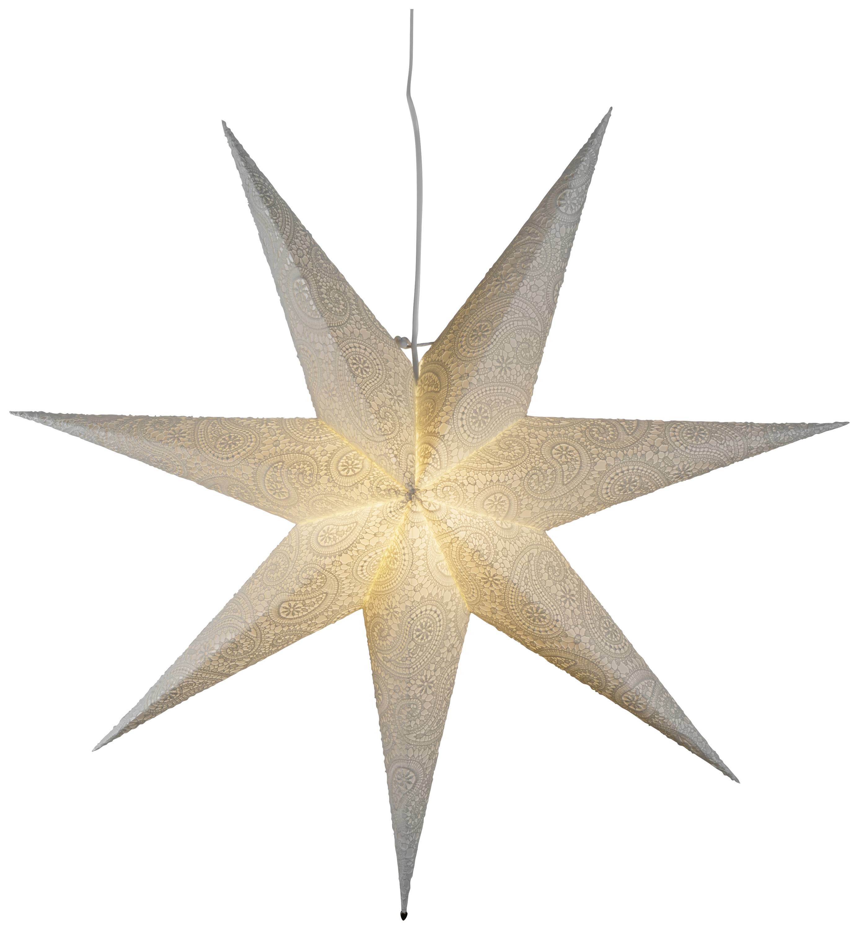 Ein beleuchteter, weißer Papierstern mit filigranem Muster hängt von der Decke.