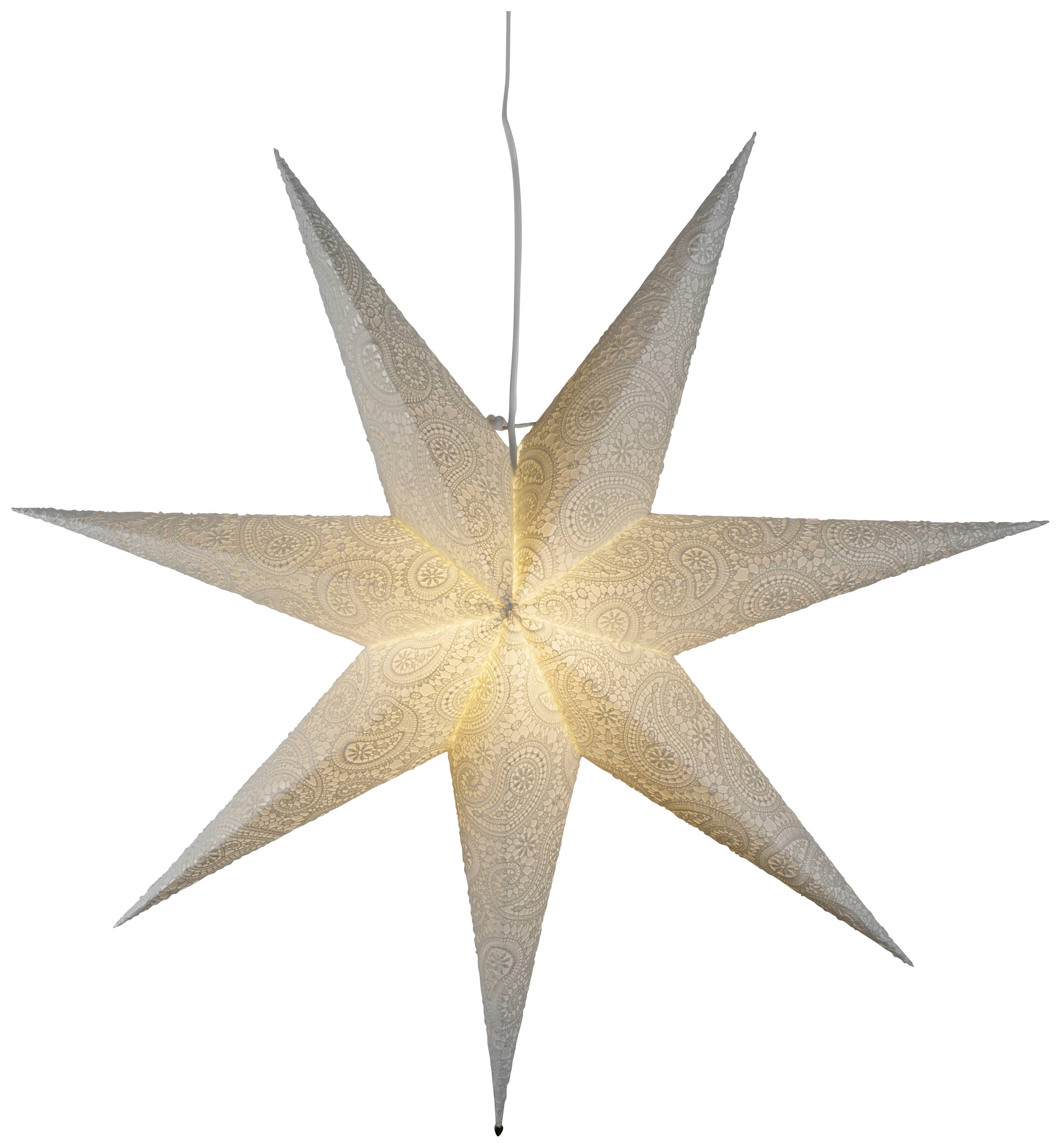 Papierstern-Laterne leuchtet mit einem warmen Licht, hat sieben Spitzen und ist an einem Kabel aufgehängt.