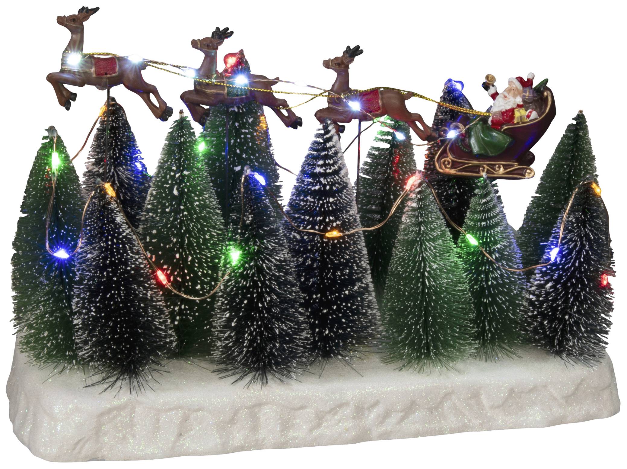 Weihnachtsdekoration: Miniatur-Weihnachtsbäume mit beleuchteten Rentieren und einem Schlitten, der den Weihnachtsmann zieht.