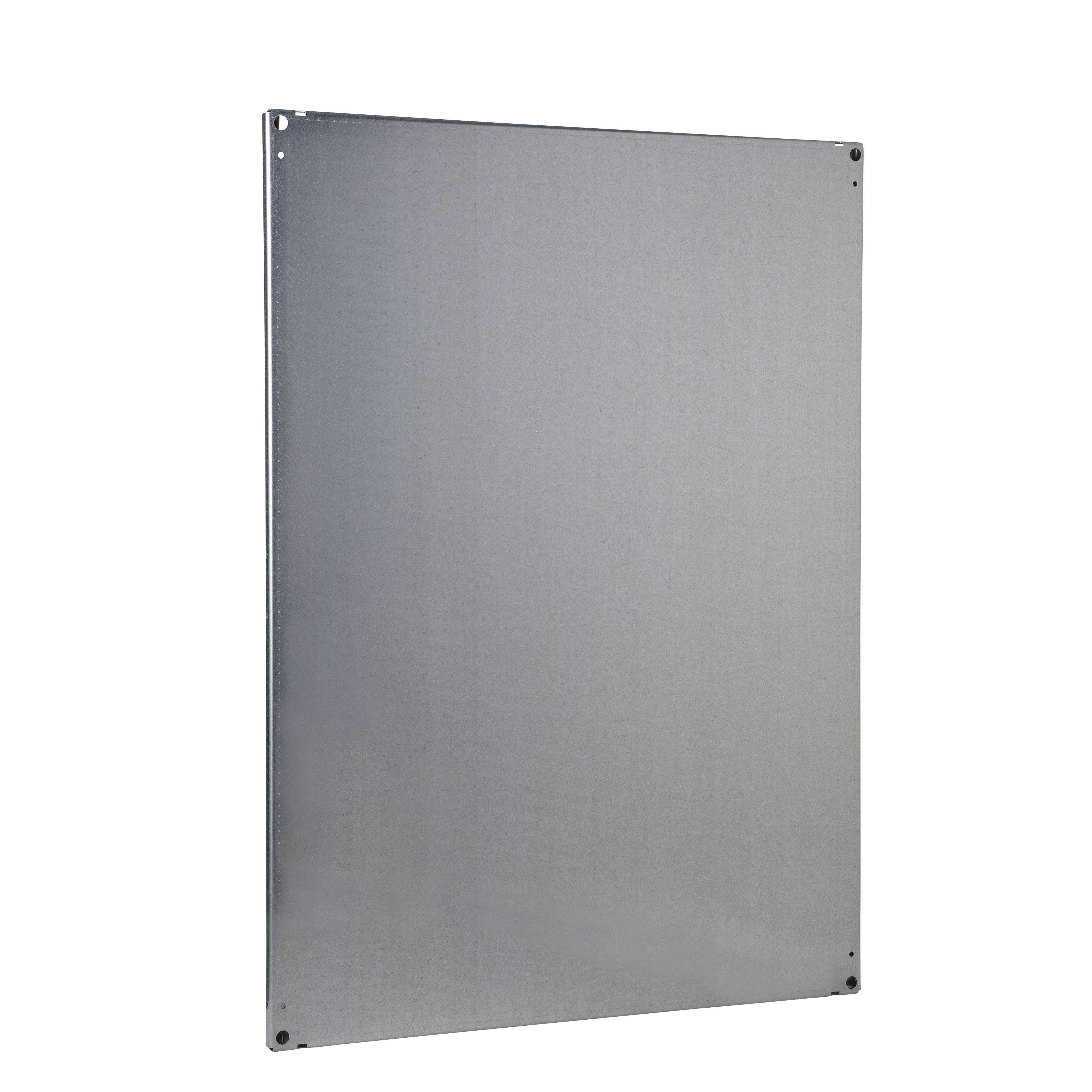 Metallplatte mit abgerundeten Ecken; vier Löcher in den Ecken für Befestigung; matte silberne Oberfläche.