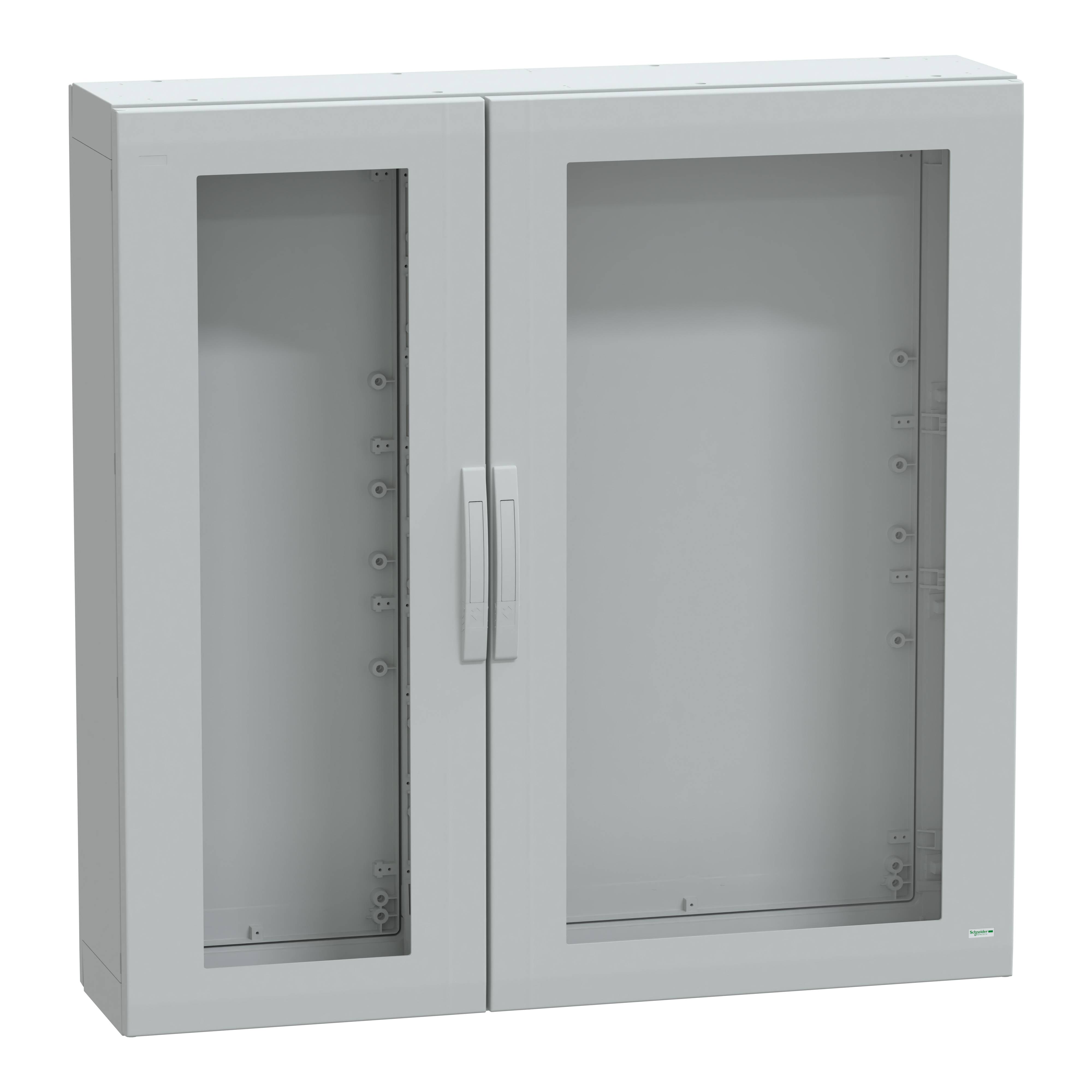 Ein weißer Wandschrank mit zwei transparenten Glastüren und einem Griff in der Mitte. Der Schrank ist leer und dient zur Aufbewahrung.