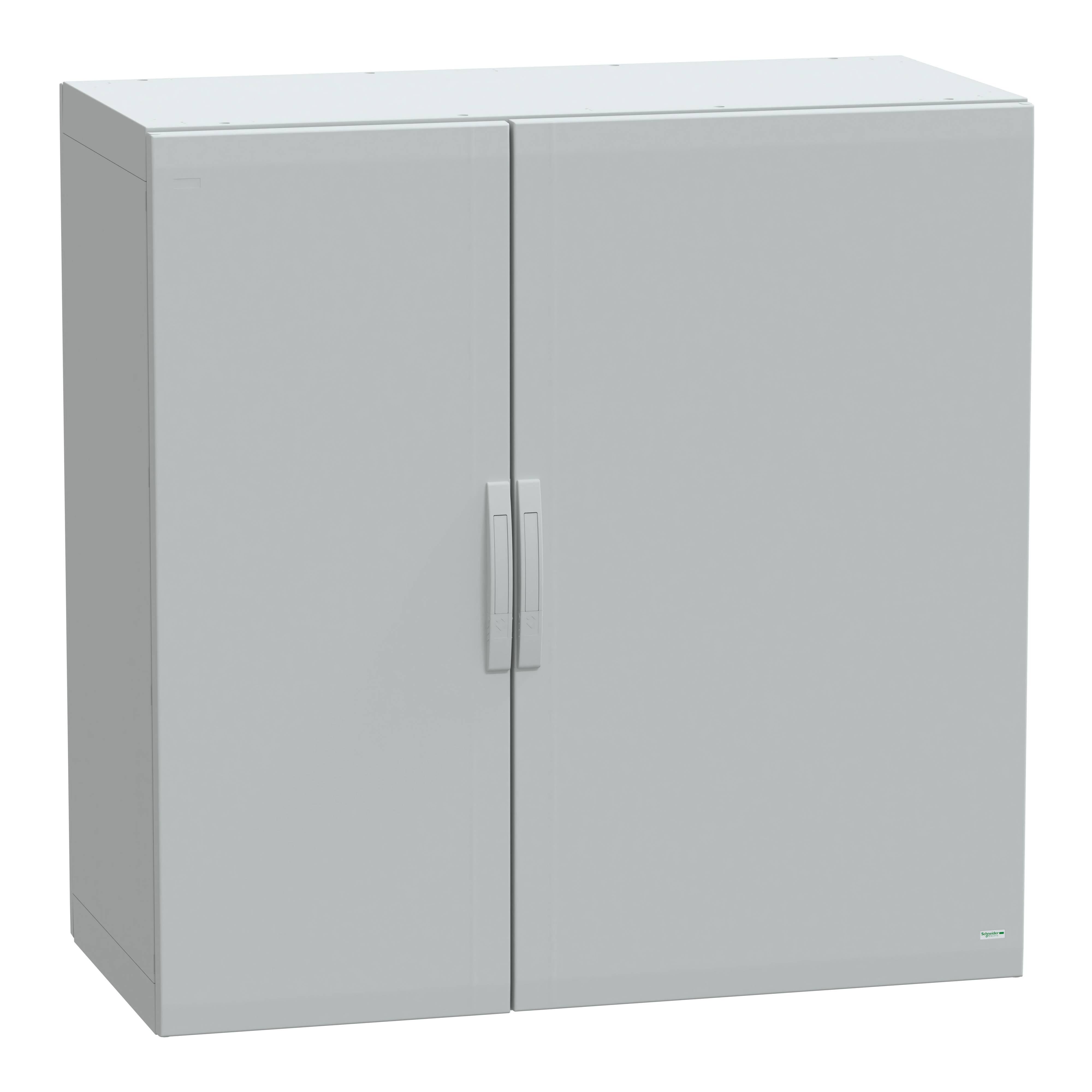 Grauer, geschlossener Wandschrank mit zwei Türen und einem Griff.