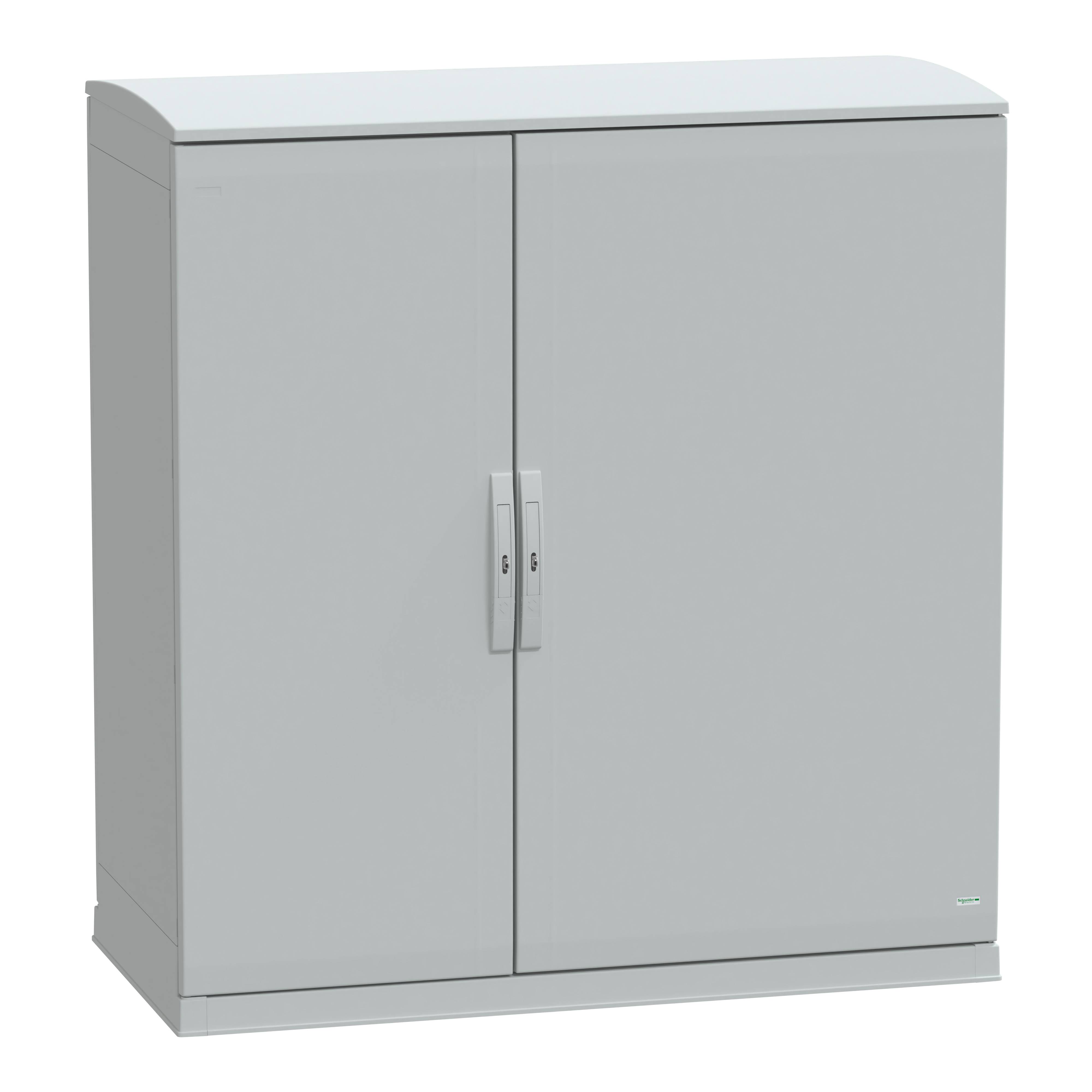 Ein grauer, metallener Stahlschrank mit zwei Türen und einem rechteckigen Design. Geeignet zur Aufbewahrung von Büroartikeln.